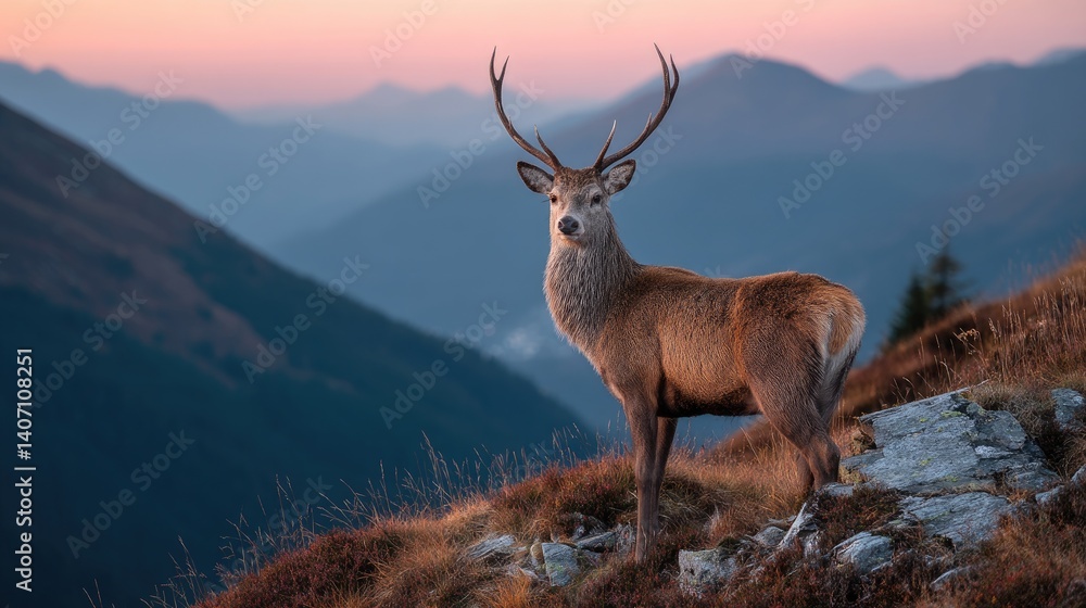 Majestic red deer stands atop a mountain ridge at sunset. Majestic red deer stands atop a mountain ridge at sunset.