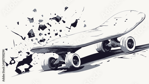 The image is a monochrome vector illustration depicting a skateboard seemingly exploding or breaking apart.  The skateboard is rendered in grayscale with a slightly worn appearance.  Surrounding