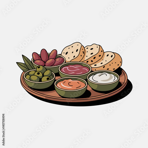 Clean Minimalist Mezze Platter with Dips and Bread