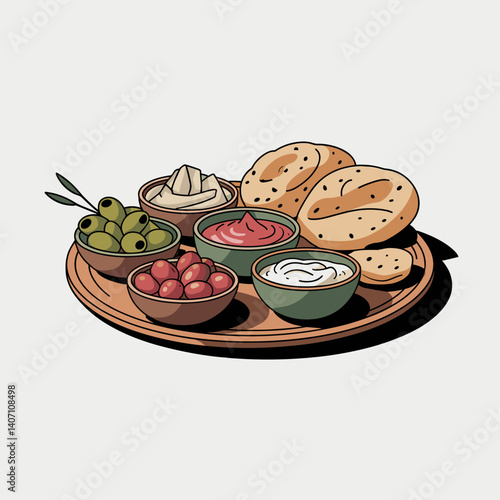 Clean Minimalist Mezze Platter with Dips and Bread