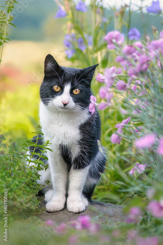 Photography A charming cat, European Shorthair, tuxedo pattern black and white bicolor, posi