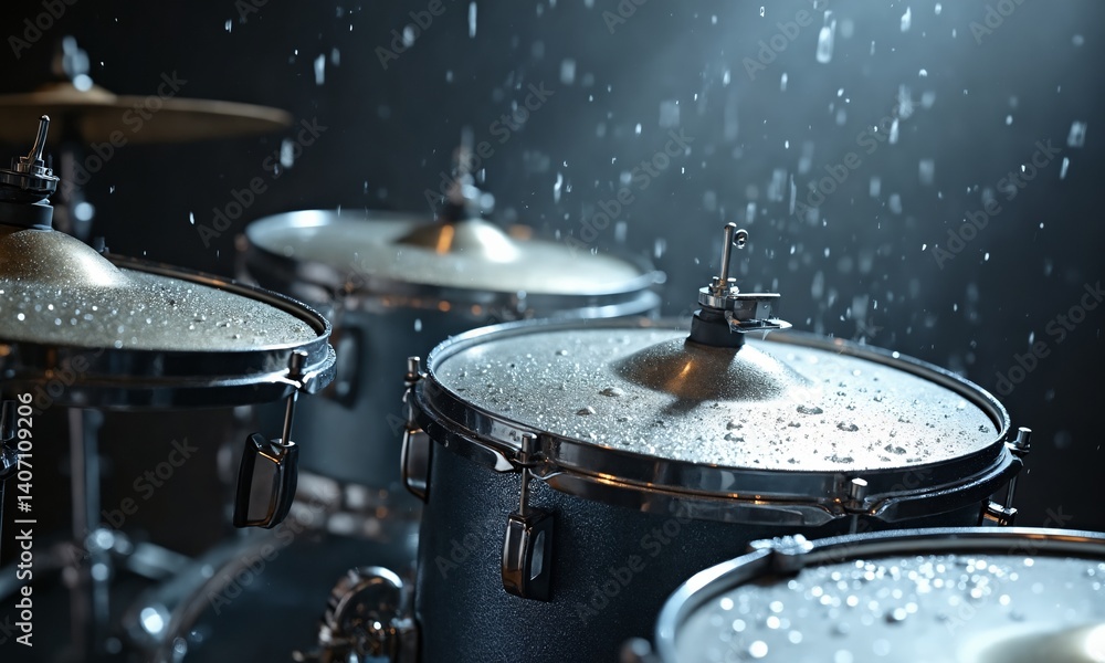 Obraz premium Silver drums appearing to melt and reform, cymbals with mercury-like droplets frozen mid-splash
