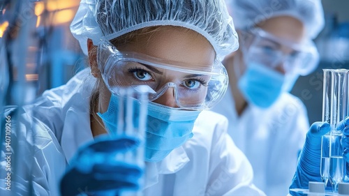 Workers in a food industry lab testing industrial packaging for contamination, professional setting