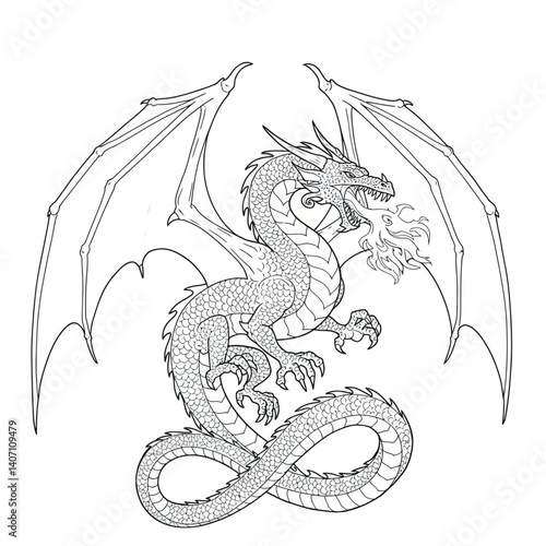 Fearsome Dragon Unleashing Blazing Fire from Mouth Featuring Huge Spread Wings and a Powerful Coiled Tail