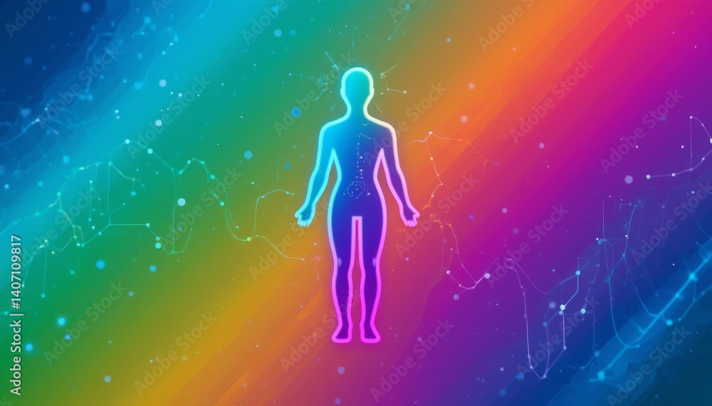 Fototapeta premium A colorful digital silhouette of a human figure on a vibrant background, representing energy, health, wellness, or holistic living.