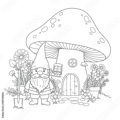 Cheerful Gnome Character by His Toadstool Dwelling Surrounded by Blooming Flowers and Essential Garden Gear
