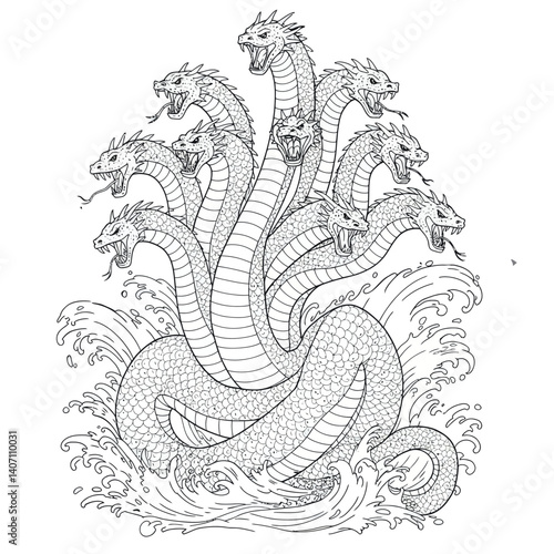 Fearsome Lernaean Hydra Monster with Multiple Writhing Snake Like Heads and a Long Serpentine Tail Displayed