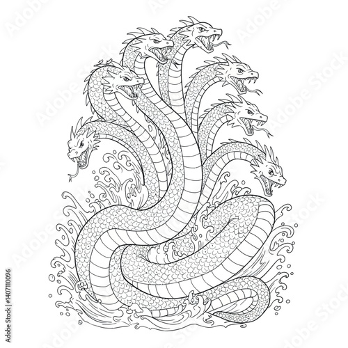Mythological Multi Headed Hydra Serpent Creature Showing Numerous Snakelike Heads and Extended Reptilian Tail