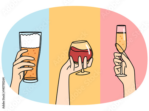 Hands people with glasses filled with alcoholic drinks, offering to drink beer or wine with champagne. Assortment of alcoholic beverages to decorate menu of restaurant bar or cafe with strong drinks