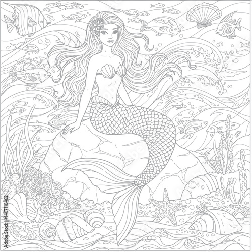 Enchanting Sea Siren with Detailed Scaled Tail and Long Flowing Tresses Posed on Rock Surrounded by Marine Life