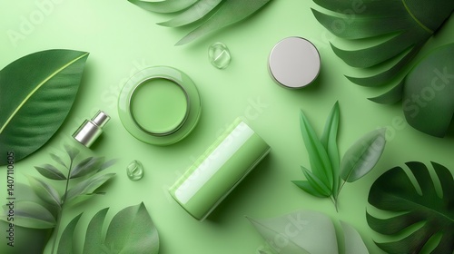 Green cosmetic products arranged with tropical leaves on a green background.