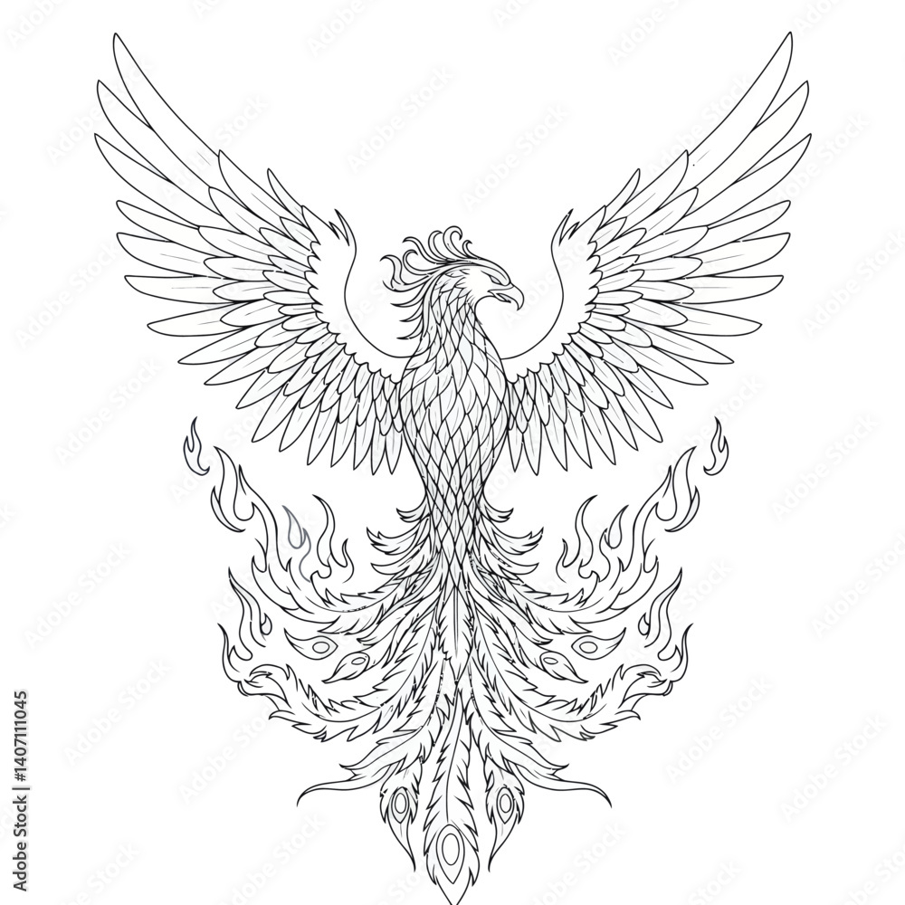 Fototapeta premium Legendary Phoenix Bird Rising Majestically From Consuming Flames With Large Wings Spread Wide and Feathers Ablaze