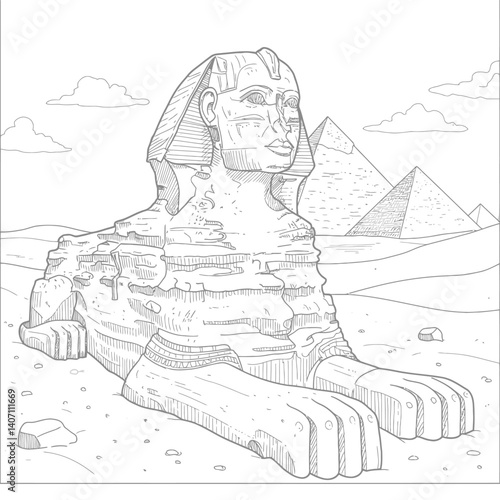 Majestic Sphinx Guardian Sitting Watchfully in the Hot Desert Sands with Ancient Egyptian Pyramids Behind It