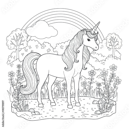 Enchanted Unicorn Creature Posing Majestically in a Flower Strewn Meadow Beneath a Colorful Rainbow Arc Sky