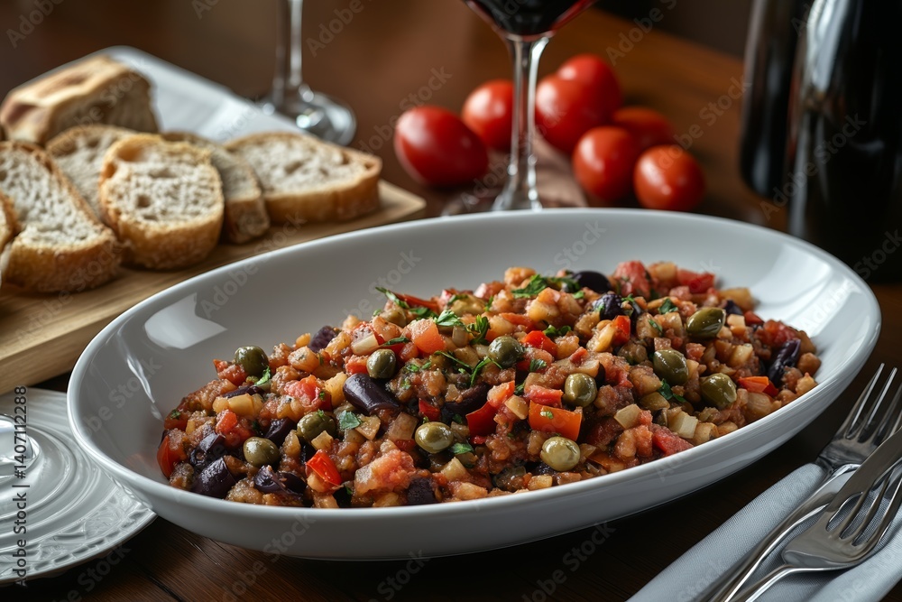 Plate of Caponata Siciliana on wooden table, colorful mix of vegetables, glass of red wine, knife, fork. Concept of Caponata Siciliana as exquisite eggplant sweet-sour stew. Plate of Caponata Siciliana on wooden table, colorful mix of vegetables, glass of red wine, knife, fork. Concept of Caponata Siciliana as exquisite eggplant sweet-sour stew.