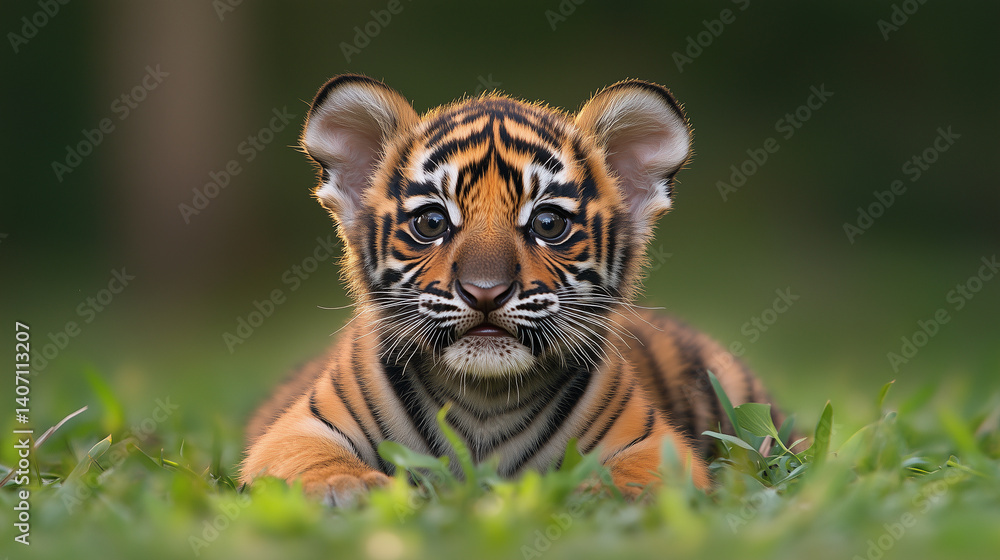 Obraz premium Expressive Sumatran Tiger Cub with Striking Eyes Resting in Green Grass with Soft Background