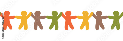 Vector illustration depicting a row of colorful abstract figures holding hands. Seamles border. Symbolizes unity, diversity, and community. 