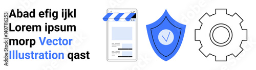 Mobile storefront, shield with checkmark, gear icon representing security, e-commerce, development, optimization, protection, user experience and functionality. Ideal for a simple landing page