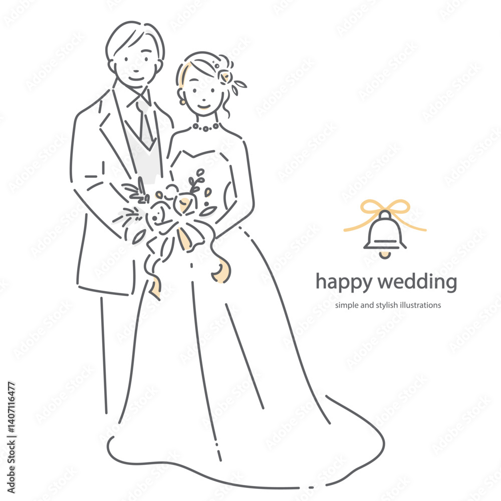 Fototapeta premium 結婚式のカップル シンプルでお洒落な線画イラスト