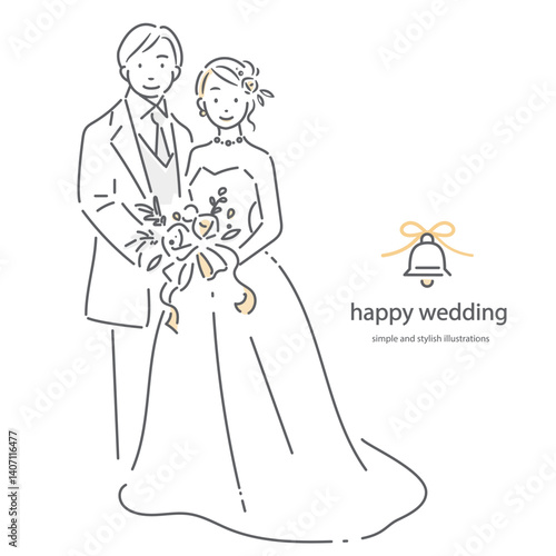 結婚式のカップル　シンプルでお洒落な線画イラスト
