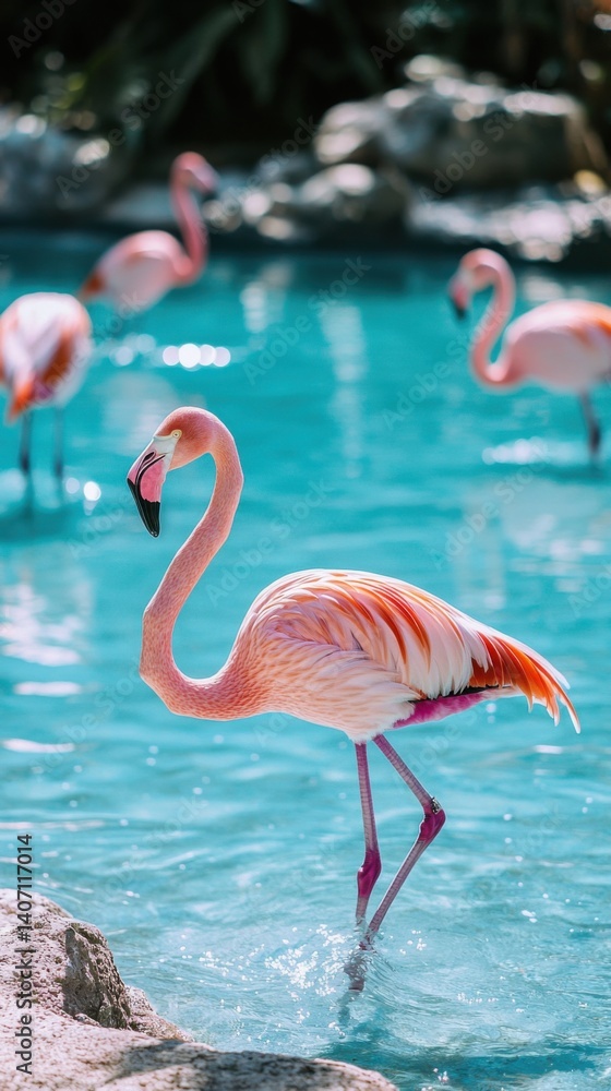 Fototapeta premium Wild african birds. Group birds of Greater african flamingos walking around the blue lagoon on a sunny day