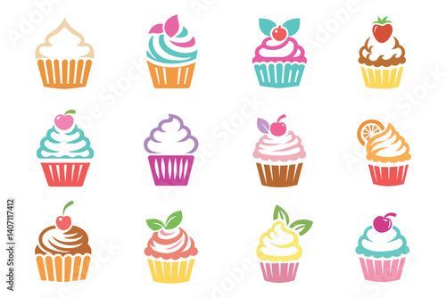 Cupcake Icons set, muffin logo. Vector colored illustration, Can be used as icon, sign or symbol
