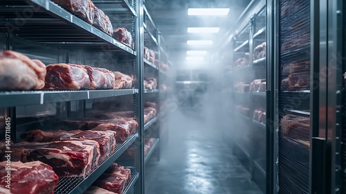 industrial cold storage warehouse with fresh raw meat neatly stacked on metal shelves in a chilled misty environment showing refrigeration and food processing conditions