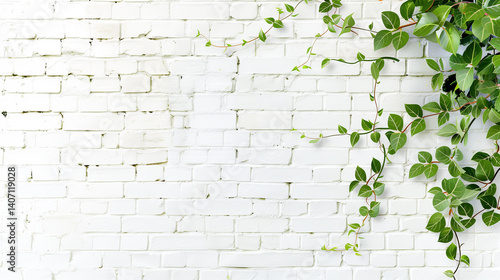 A white brick wall with green ivy growing out of it. The ivy is covering the wall and creating a natural, calming atmosphere