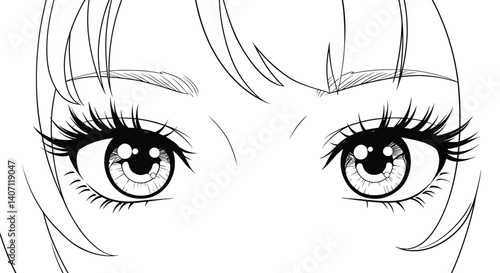 Anime Girl Face Close Up Coloring Page Outline Long Elegant Eyelashes Manga Style Line Art Printable Sheet