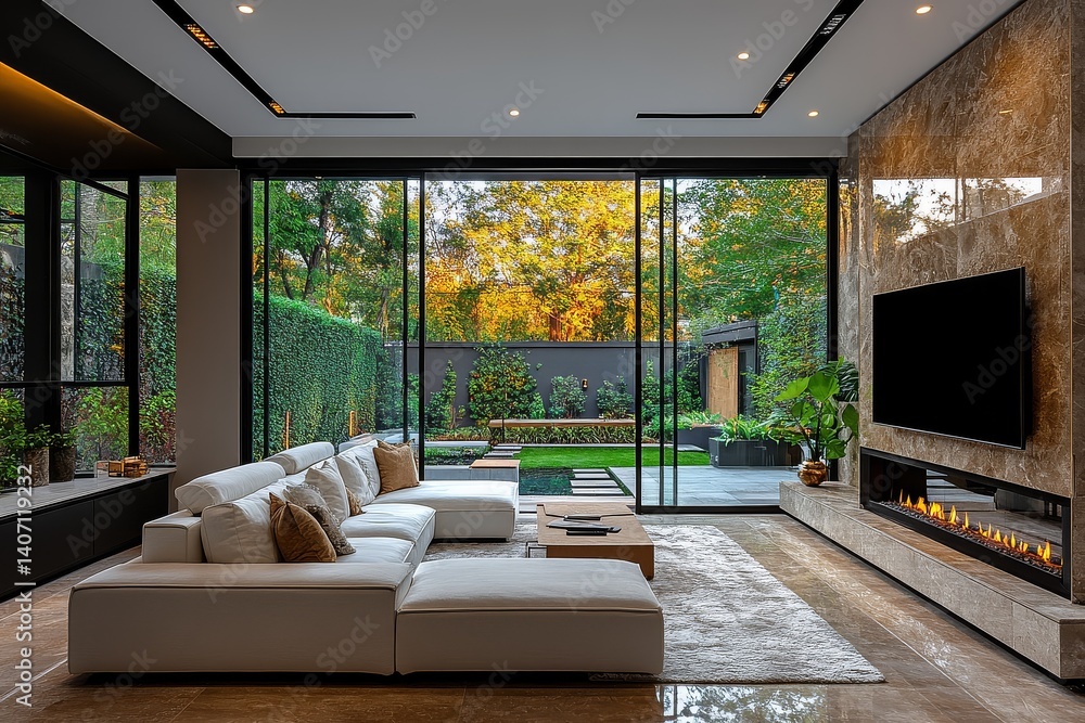 Fototapeta premium High-end modern living room with white sofa, large TV, fireplace, glass door to backyard garden, and neutral color palette.