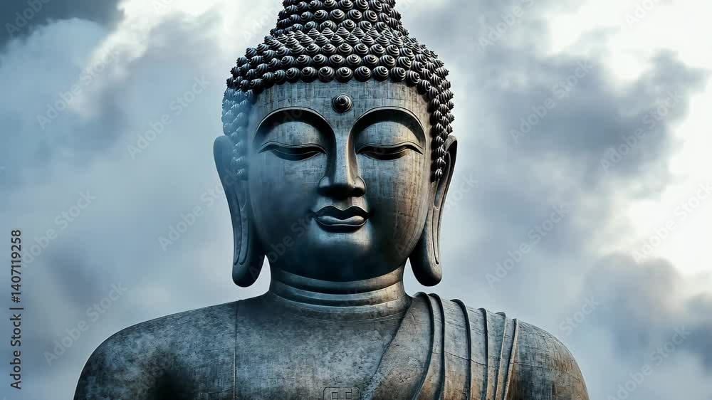 Majestic Buddha statue emerges from thick smoke under a serene sky at dawn, huge Buddha statue and thick smoke seamless ing time lapse virtual video Background Majestic Buddha statue emerges from thick smoke under a serene sky at dawn, huge Buddha statue and thick smoke seamless ing time lapse virtual video Background