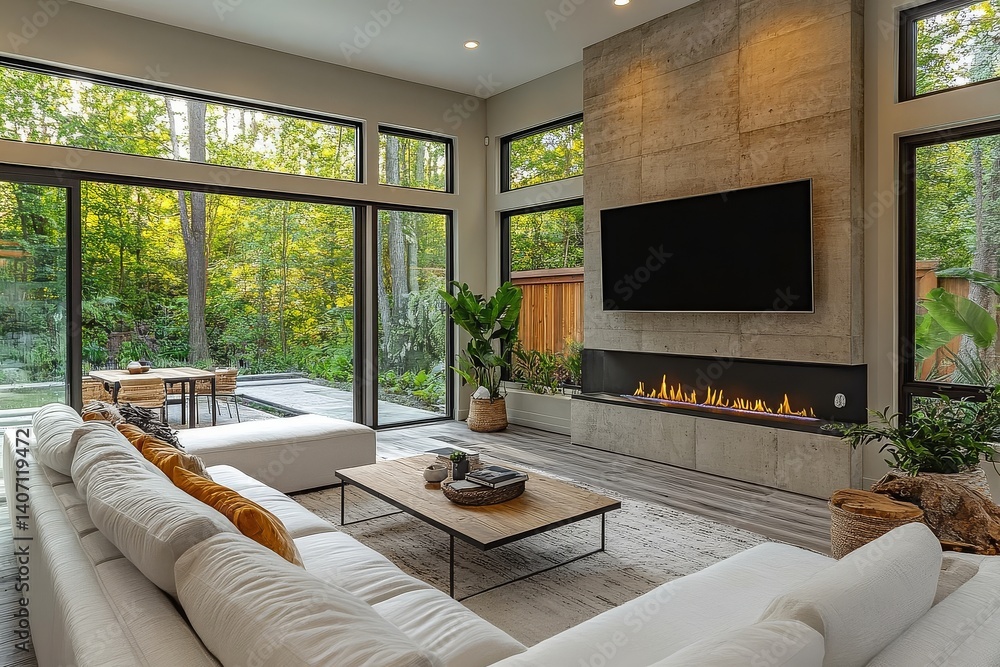 Fototapeta premium High-end modern living room with white sofa, large TV, fireplace, glass door to backyard garden, and neutral color palette.