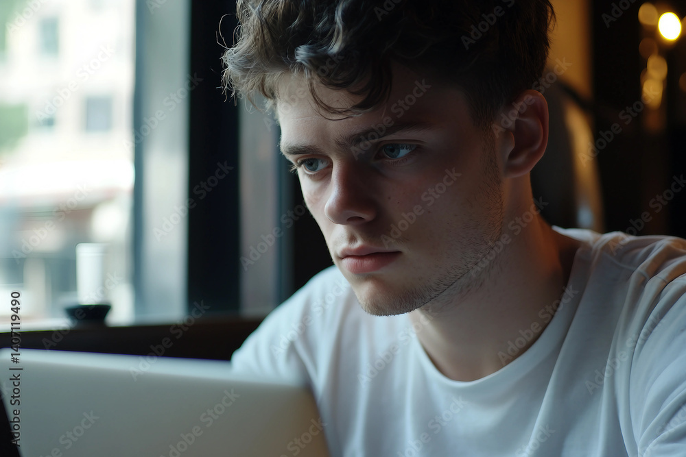 Fototapeta premium Generative AI image Person Working with Laptop in Cozy Cafe Cafeteria Setting