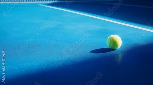 Striking visual of a tennis ball lying on a professional blue sports field with white boundary