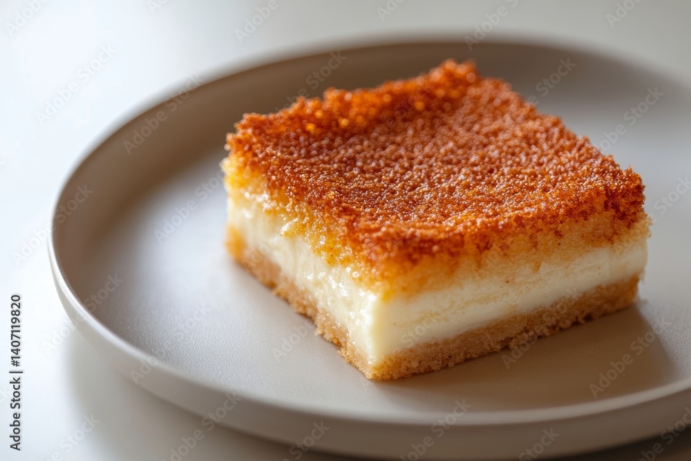 Close-up of cassava cake on round light beige plate. Concept of cassava cake as delicious Filipino dessert with focus on texture and presentation. Close-up of cassava cake on round light beige plate. Concept of cassava cake as delicious Filipino dessert with focus on texture and presentation.