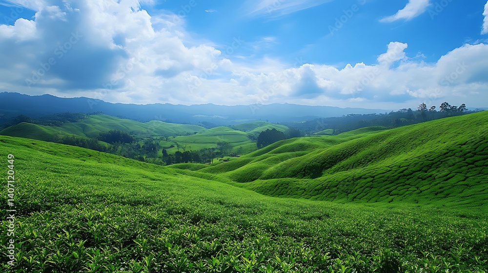 Fototapeta premium scenic coffee plantation with lush green fields rolling hills and a bright blue sky showcasing tranquil countryside beauty fertile agricultural land and refreshing outdoor atmosphere