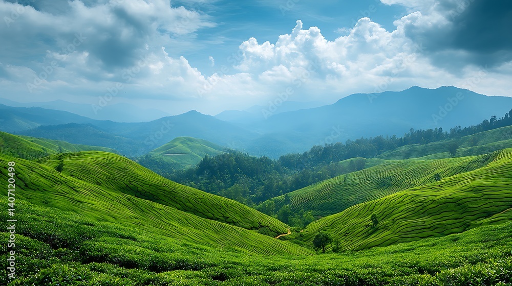 Naklejka premium scenic coffee plantation with lush green fields rolling hills and a bright blue sky showcasing tranquil countryside beauty fertile agricultural land and refreshing outdoor atmosphere