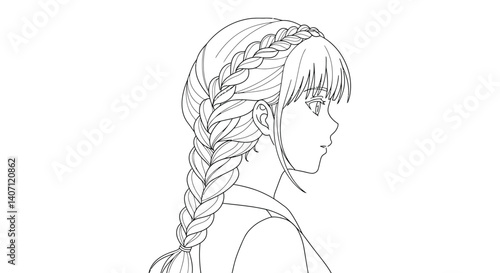 Braided Hairstyle Anime Character Coloring Sheet Printable Manga Detailed Hair Design Outline Art Beauty
