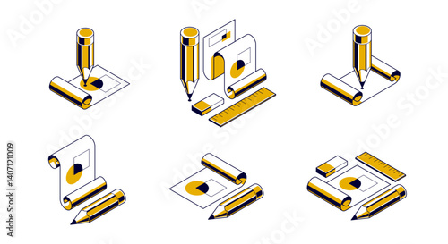 Engineering project concept set, paper document blueprint with pencil engineer work job vector 3D isometric illustration, abstract plan drawing, cad scheme icon.