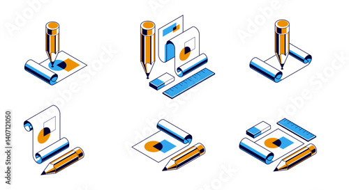 Engineering project concept, paper document blueprint with pencil engineer work job vector 3D isometric illustration, abstract plan drawing, cad scheme icon.