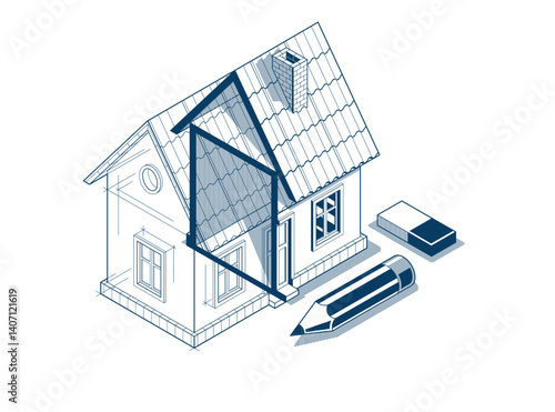House project implementation embodiment concept, 3D isometric vector illustration of a small house building project, construction architectural model, idea in progress.