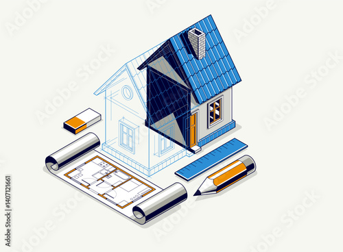 House project implementation embodiment concept, 3D isometric vector illustration of a small house building project, construction architectural model, idea in progress.