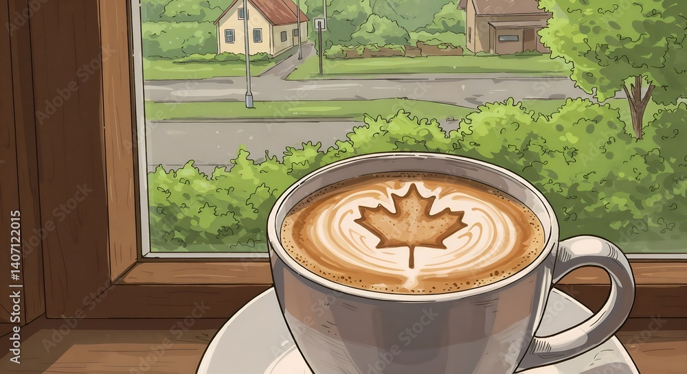 Illustration of a cup of coffee with latte art in the form of a maple leaf and a picturesque view from the window for Canada Day