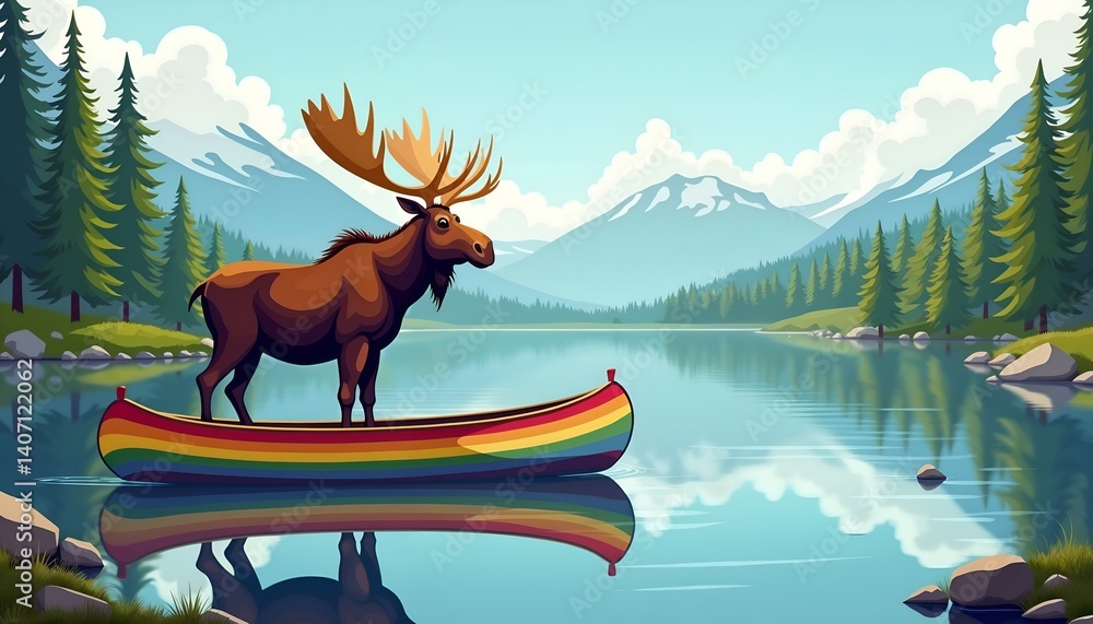 Moose standing in a rainbow canoe on a calm lake surrounded by mountains and coniferous trees for Canada Day