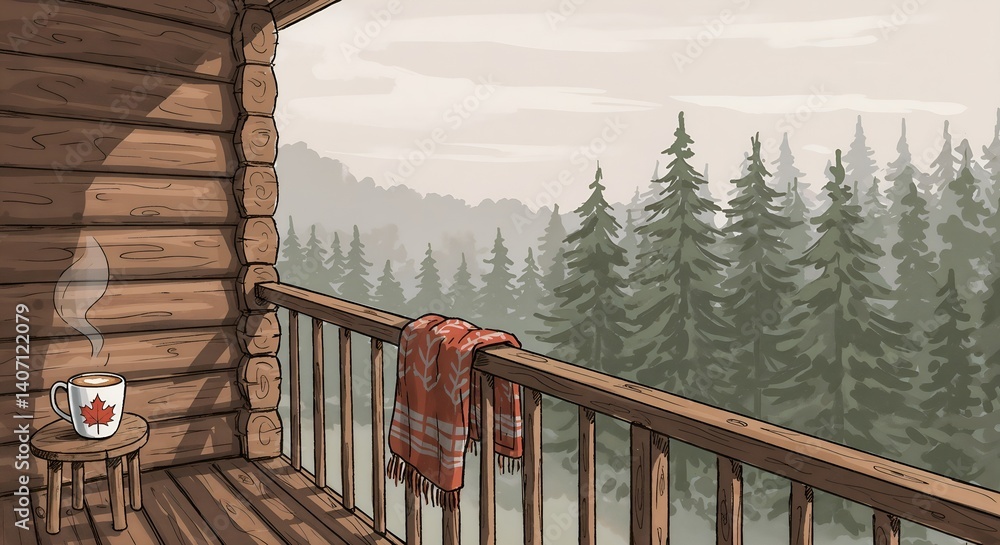 A cup of coffee with a maple leaf on a cozy balcony overlooking the picturesque nature, for Canada Day