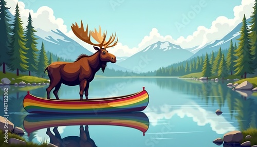 Obraz na płótnie Moose standing in a rainbow canoe on a calm lake surrounded by mountains and coniferous trees for Canada Day w salonie