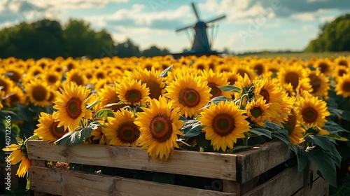 rustic wooden crate filled with yellow sunflowers facing the same direction with a scenic windmill and sunflower field behind in a charming countryside setting