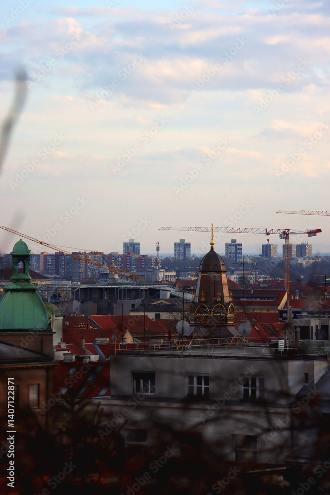Various historic and contemporary buildings in downtown Zagreb, Croatia.