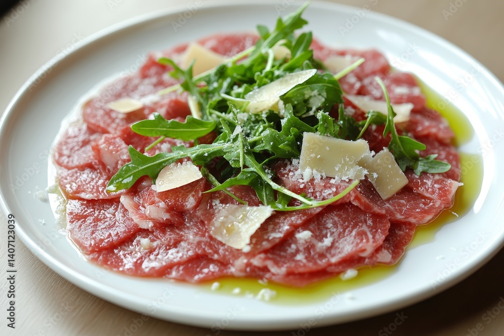 Plate of Carpaccio di Manzo topped with arugula, grated cheese, drizzle of olive oil. Concept of Carpaccio di Manzo featuring thin raw beef slices on elegant table setting. Plate of Carpaccio di Manzo topped with arugula, grated cheese, drizzle of olive oil. Concept of Carpaccio di Manzo featuring thin raw beef slices on elegant table setting.
