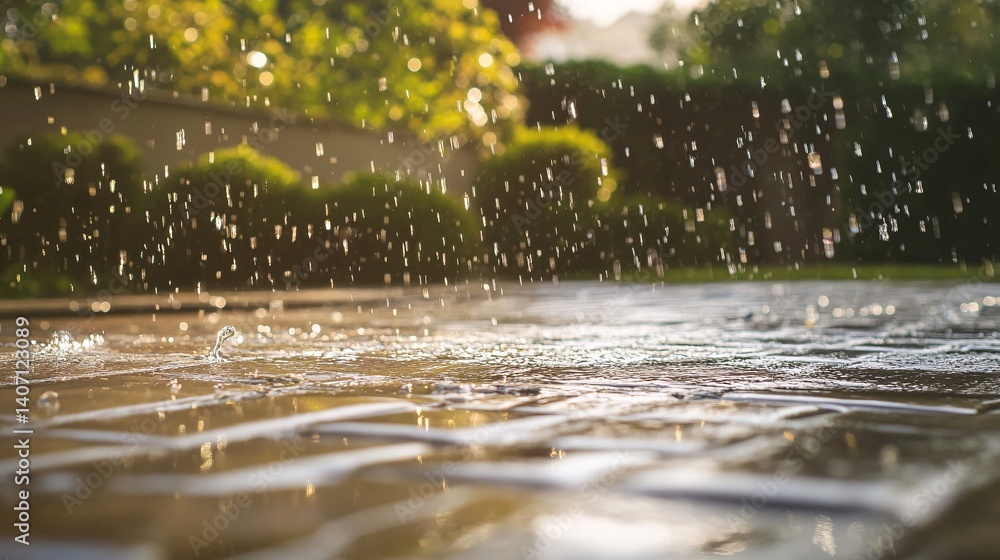 Fototapeta premium Heavy rain falling on wet pavement in a garden during sunset
